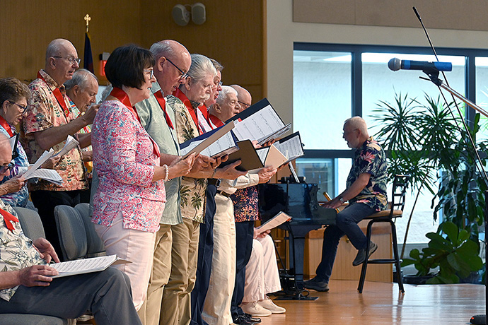 The Parkinson’s Education and Support Group of Sussex County Choir performs April 10 at Epworth United Methodist Church in Rehoboth Beach, Del. Doug Yetter (right), director of music at Epworth, accompanies the group on piano. Up to 42 singers practice once a week at the church and concerts are performed three times a year. Photo by Jim Patterson, UM News. 