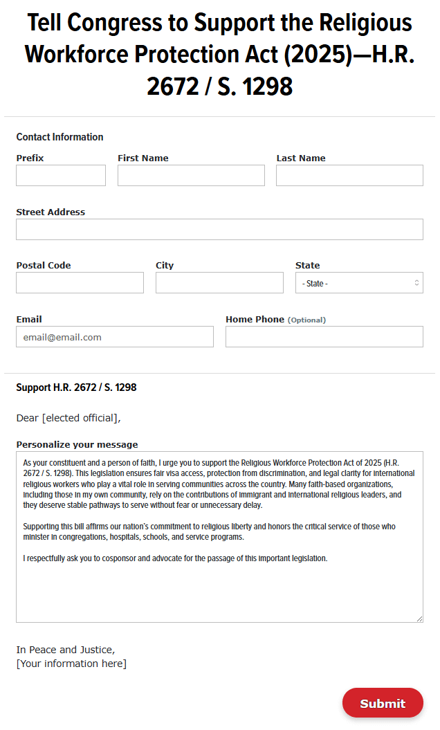 연합감리교회 사회부의 종교종사자보호법 지지 청원서. 출처, 연합감리교회 사회부.