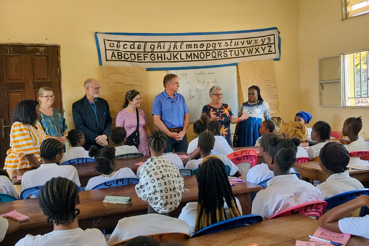 The Rev. Birgitte French (second from right) of the Tennessee-Western Kentucky Conference addresses a class at the Mama Lynn Center in Kindu, Congo. The center provides training to vulnerable women and girls. During a visit with other members of a United Methodist delegation from the U.S. in September, French expressed her joy at strengthening the conference’s partnership with eastern Congo. Photo by Chadrack Tambwe Londe, UM News.