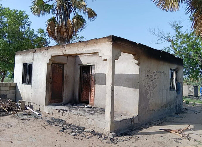A home that was burned by suspected Fulani herders is shown in a rural region of the Karim Lamido local government area of Taraba State, Nigeria. On June 4, Bishop Ande I. Emmanuel and United Methodist volunteers toured some of the communities hard hit by the attack. Emmanuel said 62 homes were destroyed and more than 5,000 people have been displaced. Photo by the Rev. Filibus Bakari Auta, UM News. 