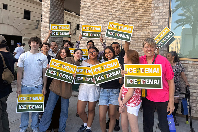 Members of the youth group at First United Methodist Church in Pasadena, Calif., join in a peaceful demonstration after worship June 8. The protests against U.S. Immigration and Customs Enforcement targeting of workers in the city led ICE agents to leave nearby hotels that day. Photo by the Rev. Amy Aitken, First United Methodist Church, Pasadena.