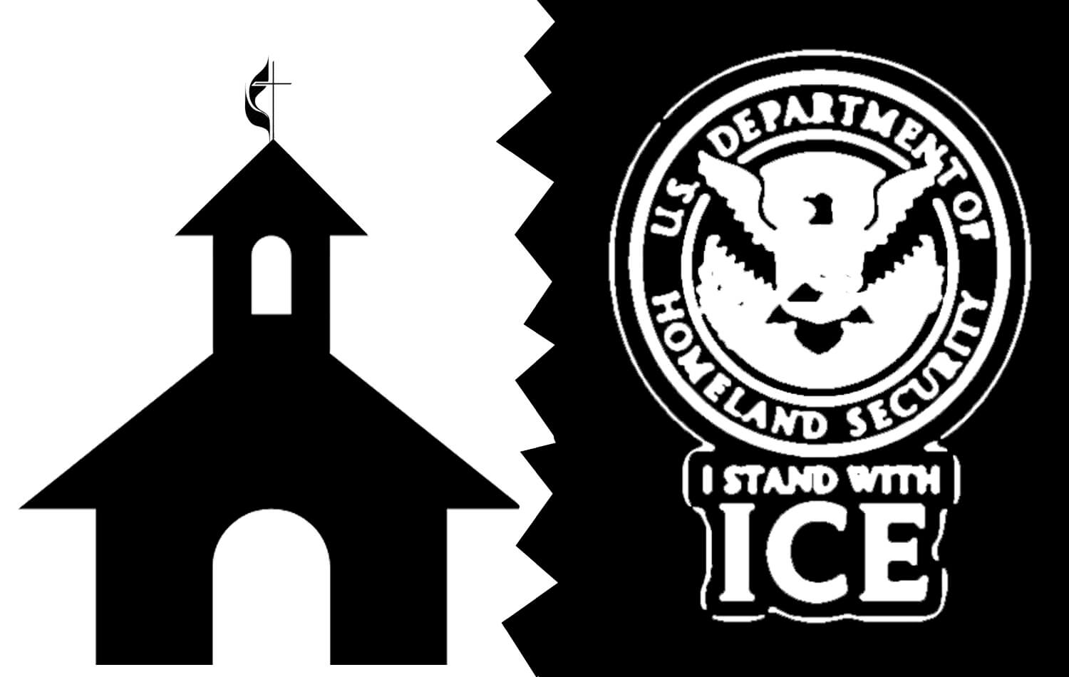 En favor de la protección de las iglesias como espacios sagrados la Conferencia Anual del Oeste de Carolina del Norte denuncia públicamente la perturbación que provocó la presencia de ICE, en una congregación del área de Charlotte a la salida de su preescolar. Ilustración Rev. Gustavo Vasquez, Noticias MU. 