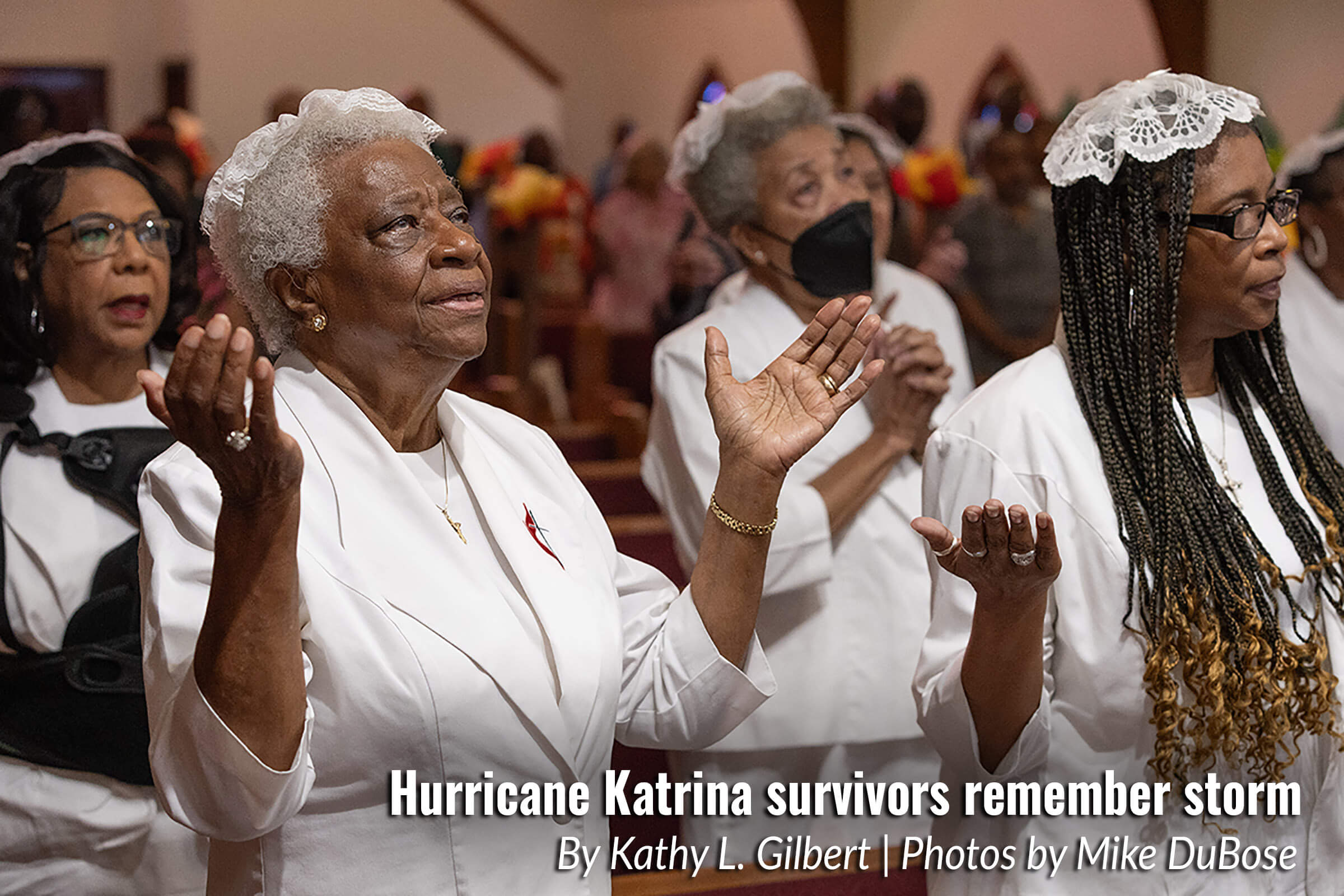 Atha Brown (left, front) joins with other communion stewards in praise during worship at Hartzell Mt. Zion United Methodist Church in Slidell, La. Photo by Mike DuBose, UM News.
