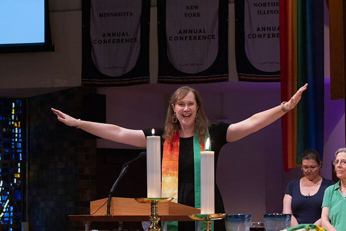 The Rev. Andi Woodworth, pastor of Neighborhood United Methodist Church in Atlanta, preaches at the opening worship service of the Reconciling Ministries Network convocation at First United Methodist Church in Madison, Wis. She is the first trans clergy member in the North Georgia Conference and is about to get married to another trans woman. “What I am most excited about is our little conference email where there will be a one-sentence announcement and it will not be a big deal.” Photo by Joscie Cutchens, UM News.  