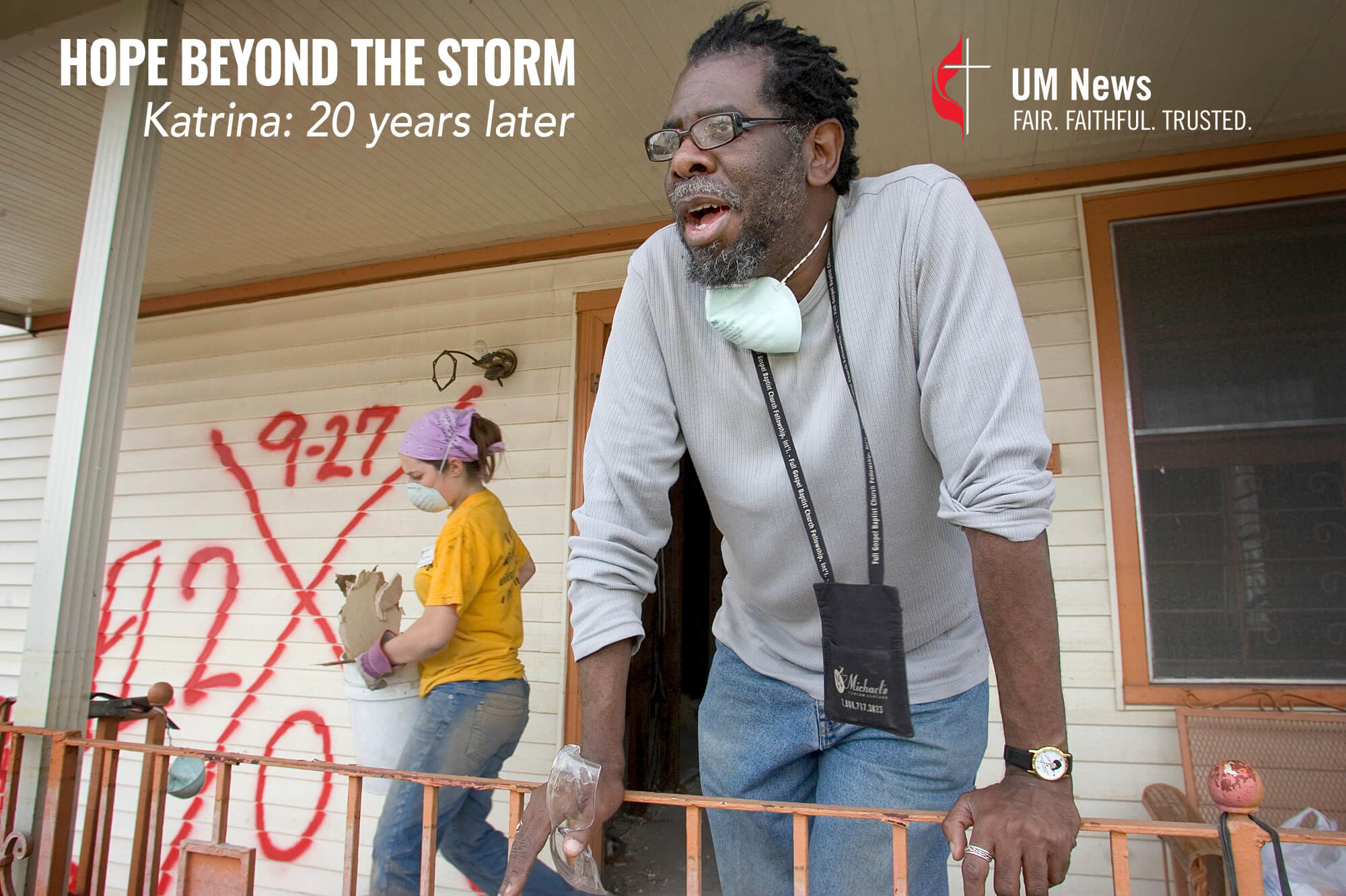 E. Dwight Franklin helps with the gutting of his parents’ home in New Orleans six months after Hurricane Katrina. Virginia Tech student Ivy Gorman (background) was part of a team from her school working through the Louisiana United Methodist Storm Recovery Center during their spring vacation. Photo by Mike DuBose, UM News.