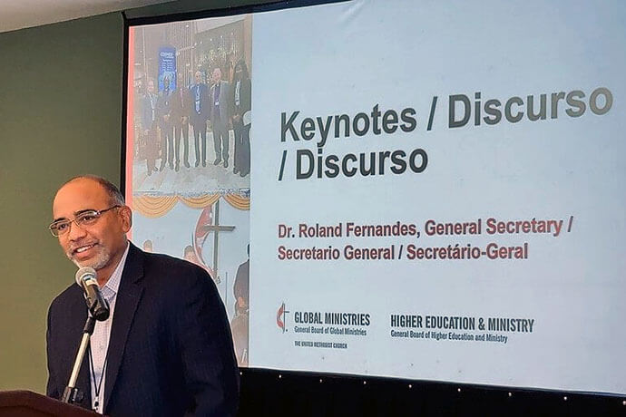 Roland Fernandes, top executive of the United Methodist boards of Global Ministries and Higher Education and Ministry, gives the opening address during the first day of the consultation. "From the organizations I lead, we came to listen and learn from you, our Latin American and Caribbean mission partners," he said. The agencies sponsored the event. 