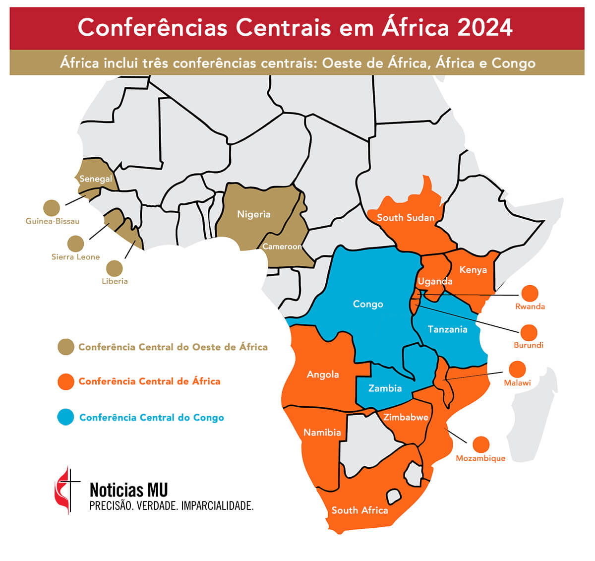 Mapa das fronteiras da conferência central da Igreja Metodista Unida em África no ano passado. Gráfico de Ben Ward, UM News.
