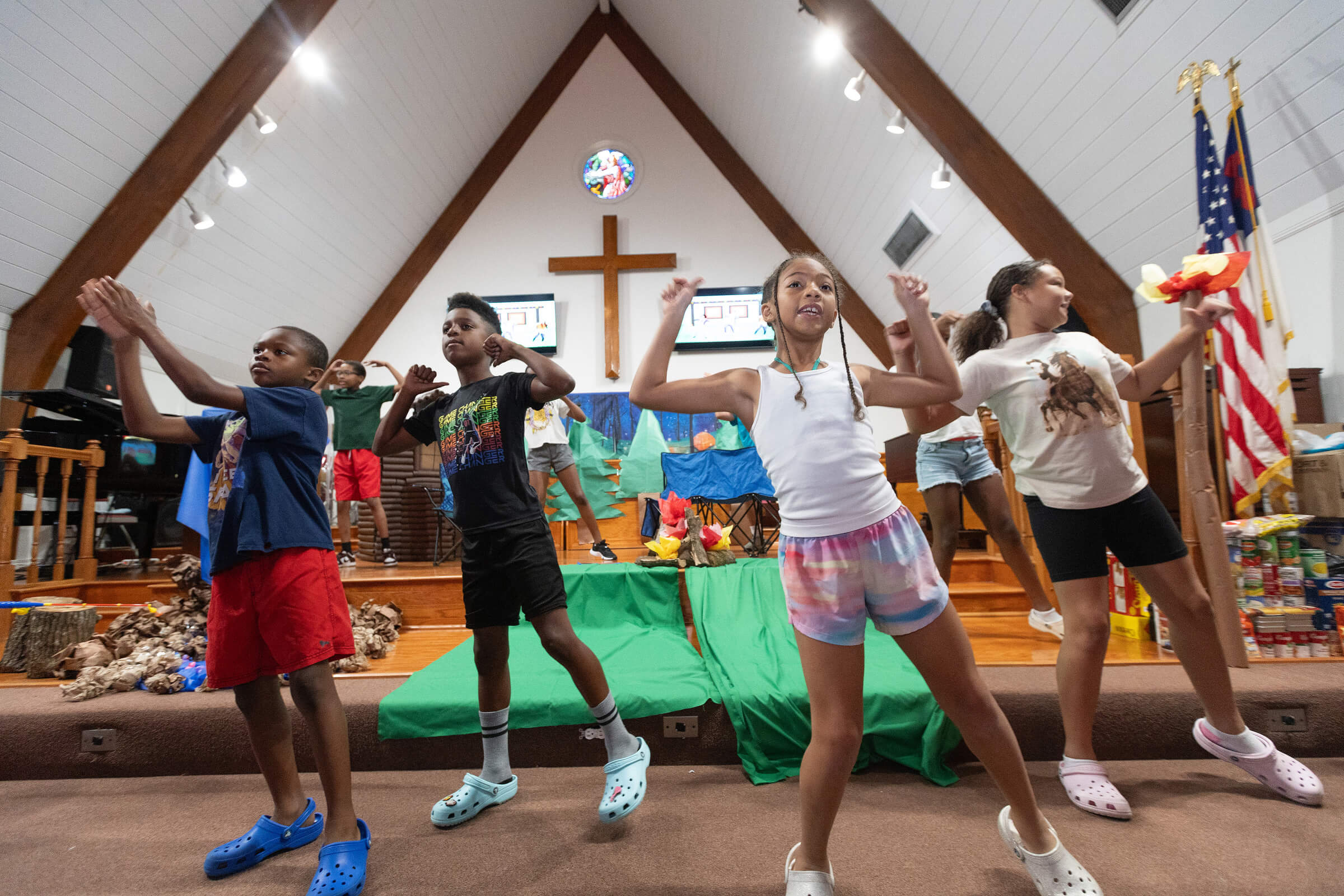 Children dance during vacation Bible school at Hartzell Mt. Zion United Methodist Church. From left are Kyree Nichols, Zion Stevenson, Reagan Ordogne and Skylar Faulk.