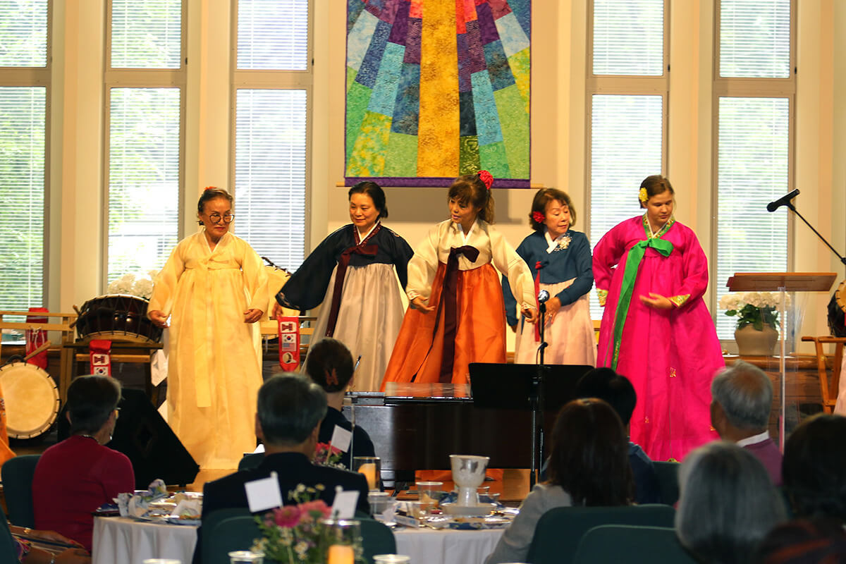 The Ohio Korean-American Pungmulnori Team dances during the opening dinner for Celebrating Methodist Missions in Ohio, Korea and Beyond on Aug. 4 at Church of the Saviour United Methodist Church in Cleveland Heights, Ohio. Photo by the Rev. Thomas E. Kim, UM News.  