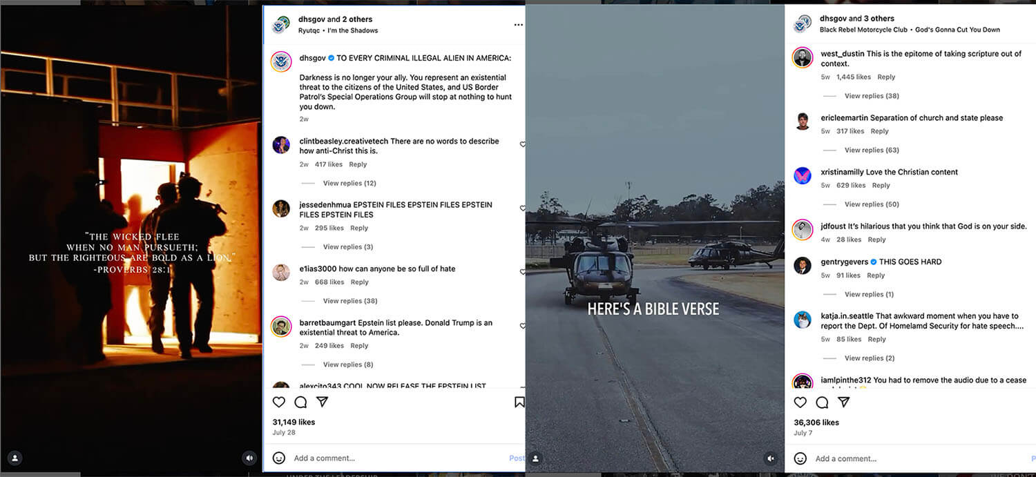 Duas postagens do Departamento de Segurança Interna dos EUA em mídias sociais, de julho de 2025, com referências bíblicas e reações. Capturas de tela.